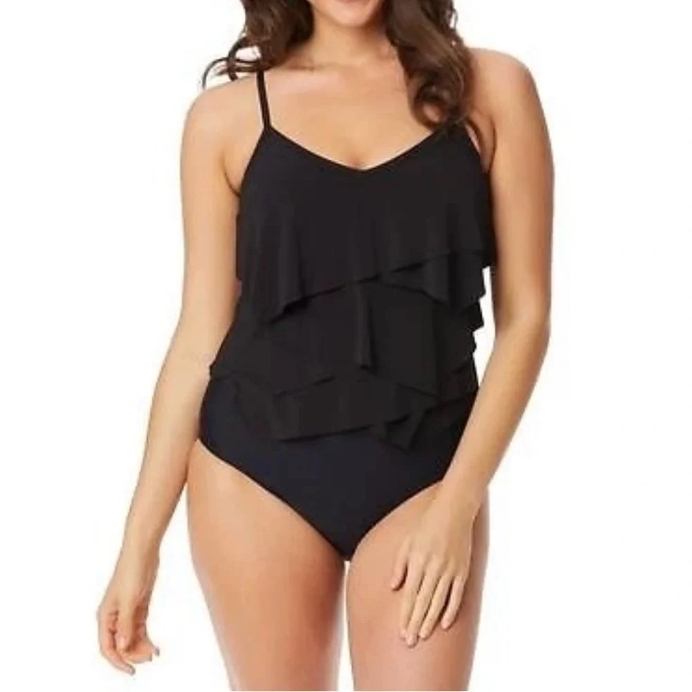 Beyond Control BLACK Solid Citizen Tiered One-Piece Swimsuit US 14